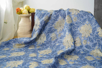 Dusty Blue Magnolia Floral Jacquard Fabric, Gold Thread Embossed Brocade for Cheongsam, Dresses, Jackets and Home Decor, 55"
