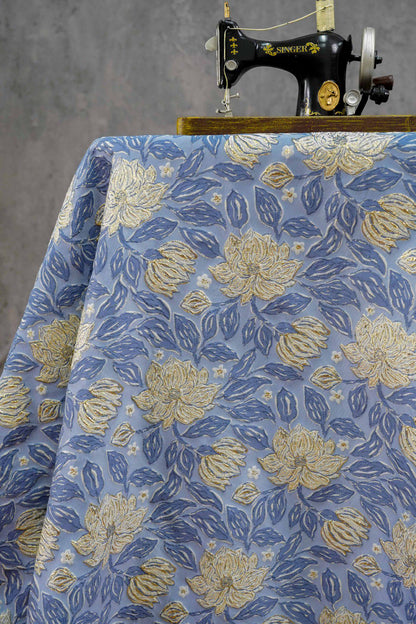 Dusty Blue Magnolia Floral Jacquard Fabric, Gold Thread Embossed Brocade for Cheongsam, Dresses, Jackets and Home Decor, 55"