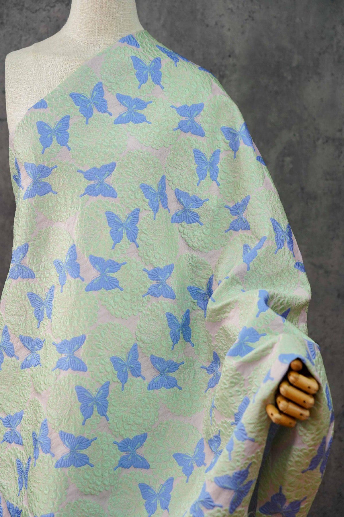 Pastel Pink Mint Green Butterfly Jacquard Fabric, 3D Embossed Floral Brocade for Cheongsam, Dresses, Jackets and Sewing Crafts, 54"