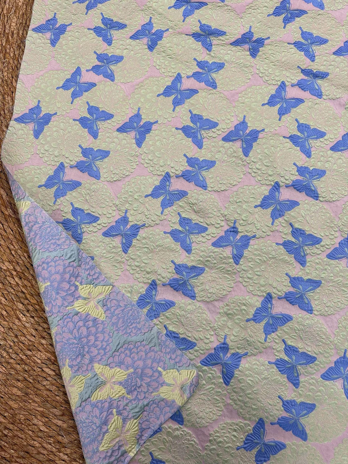 Pastel Pink Mint Green Butterfly Jacquard Fabric, 3D Embossed Floral Brocade for Cheongsam, Dresses, Jackets and Sewing Crafts, 54"