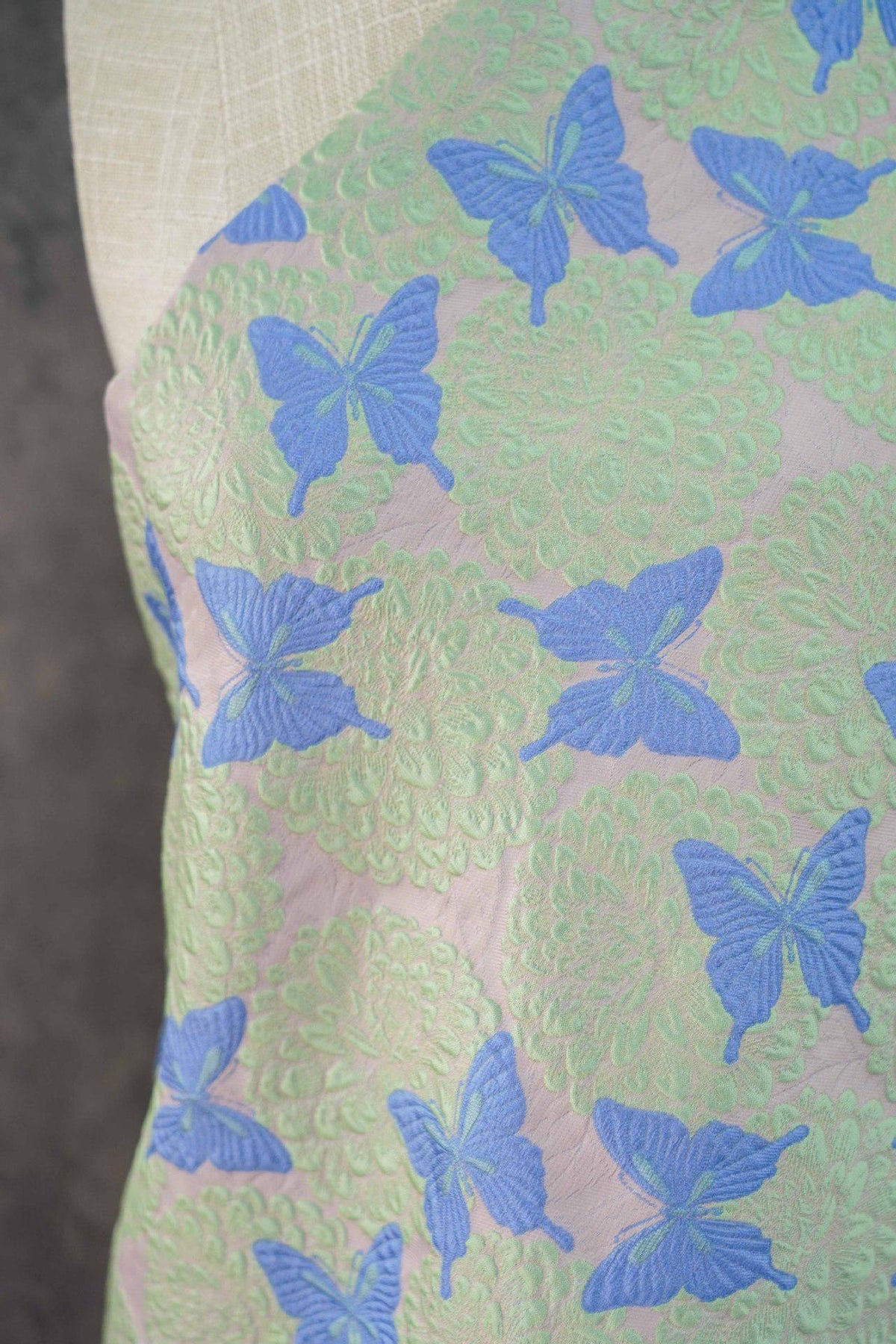 Pastel Pink Mint Green Butterfly Jacquard Fabric, 3D Embossed Floral Brocade for Cheongsam, Dresses, Jackets and Sewing Crafts, 54"