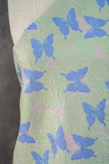 Pastel Pink Mint Green Butterfly Jacquard Fabric, 3D Embossed Floral Brocade for Cheongsam, Dresses, Jackets and Sewing Crafts, 54"