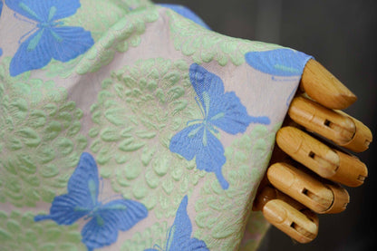 Pastel Pink Mint Green Butterfly Jacquard Fabric, 3D Embossed Floral Brocade for Cheongsam, Dresses, Jackets and Sewing Crafts, 54"