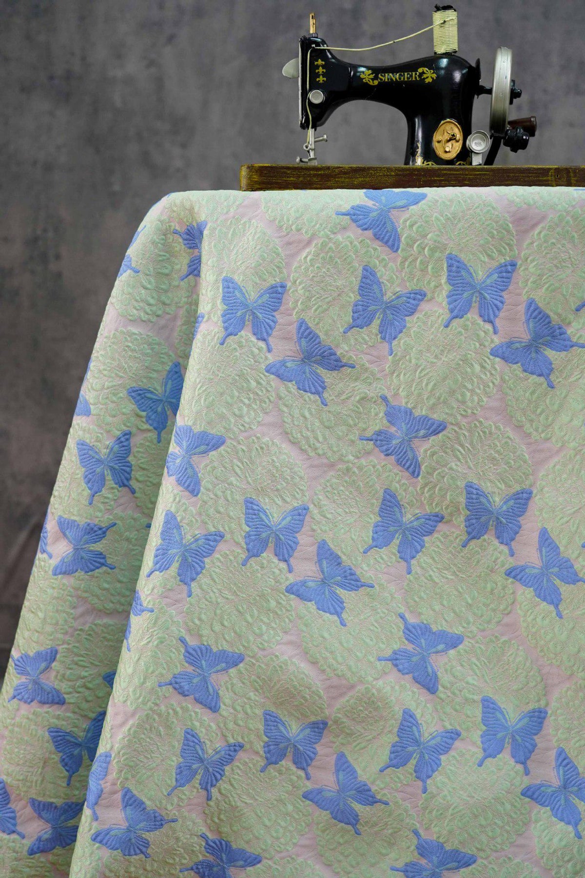 Pastel Pink Mint Green Butterfly Jacquard Fabric, 3D Embossed Floral Brocade for Cheongsam, Dresses, Jackets and Sewing Crafts, 54"