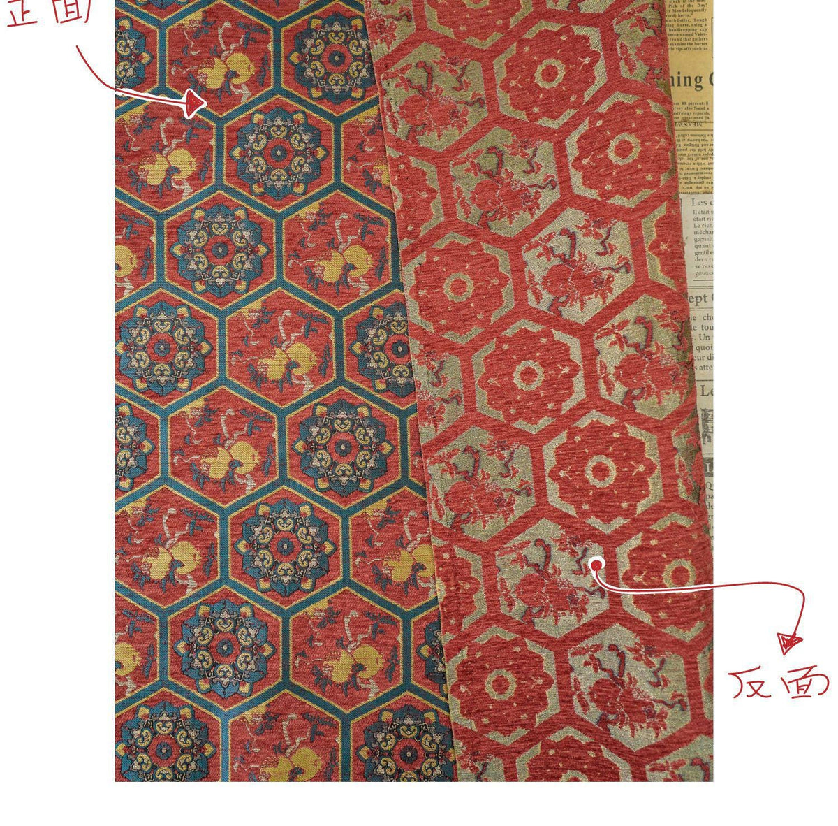 Vintage Chenille Jacquard Fabric, Hexagon Geometric Floral Brocade, Pomegranate Medallion Woven Fabric for Jackets, Coats, Bags, Decor, 65"