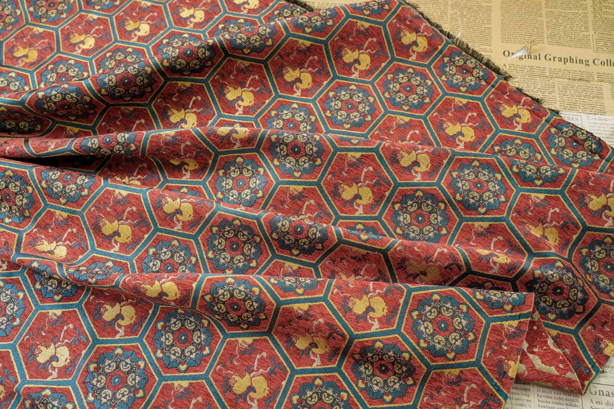 Vintage Chenille Jacquard Fabric, Hexagon Geometric Floral Brocade, Pomegranate Medallion Woven Fabric for Jackets, Coats, Bags, Decor, 65"