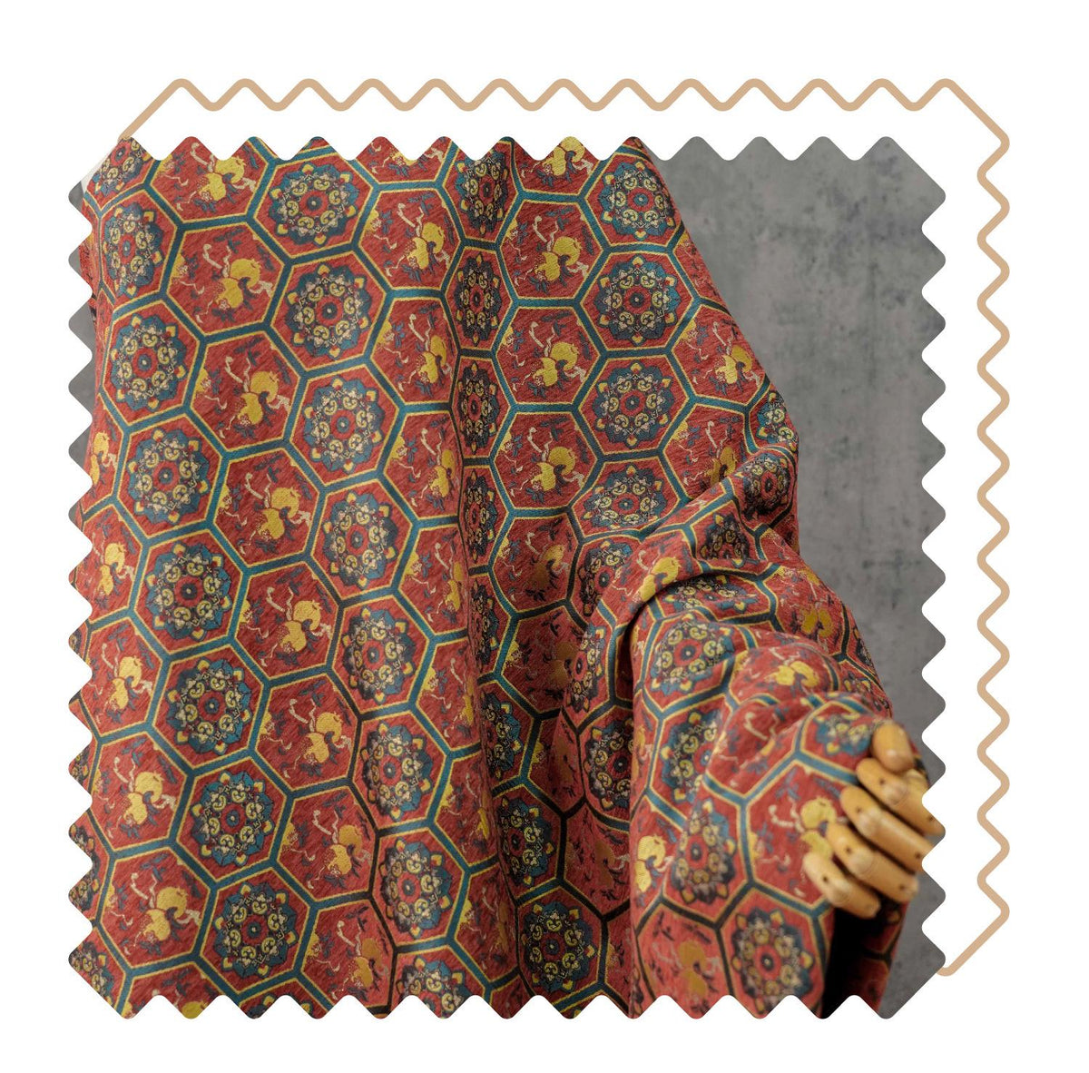 Vintage Chenille Jacquard Fabric, Hexagon Geometric Floral Brocade, Pomegranate Medallion Woven Fabric for Jackets, Coats, Bags, Decor, 65"