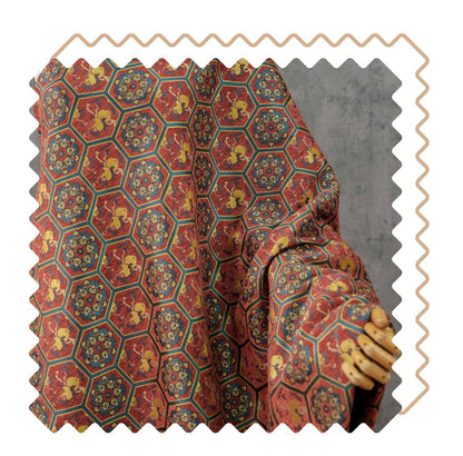 Vintage Chenille Jacquard Fabric, Hexagon Geometric Floral Brocade, Pomegranate Medallion Woven Fabric for Jackets, Coats, Bags, Decor, 65"