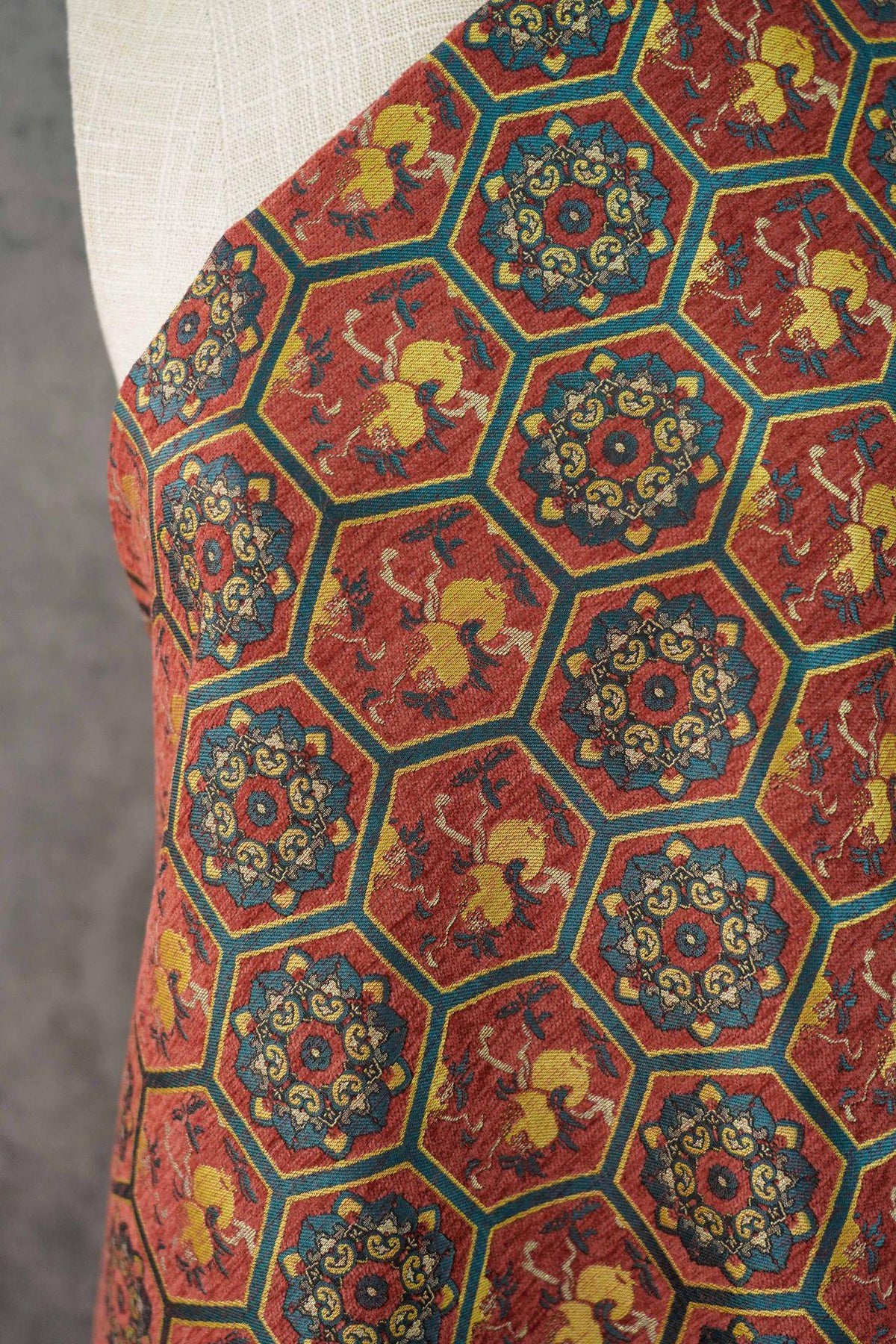 Vintage Chenille Jacquard Fabric, Hexagon Geometric Floral Brocade, Pomegranate Medallion Woven Fabric for Jackets, Coats, Bags, Decor, 65"