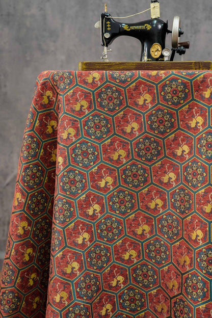 Vintage Chenille Jacquard Fabric, Hexagon Geometric Floral Brocade, Pomegranate Medallion Woven Fabric for Jackets, Coats, Bags, Decor, 65"