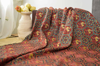 Vintage Chenille Jacquard Fabric, Hexagon Geometric Floral Brocade, Pomegranate Medallion Woven Fabric for Jackets, Coats, Bags, Decor, 65"