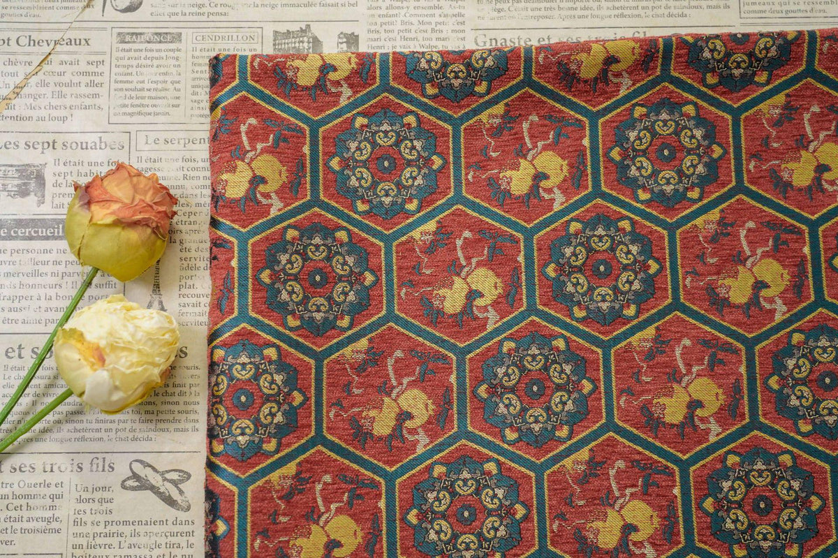 Vintage Chenille Jacquard Fabric, Hexagon Geometric Floral Brocade, Pomegranate Medallion Woven Fabric for Jackets, Coats, Bags, Decor, 65"