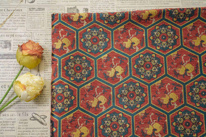 Vintage Chenille Jacquard Fabric, Hexagon Geometric Floral Brocade, Pomegranate Medallion Woven Fabric for Jackets, Coats, Bags, Decor, 65"