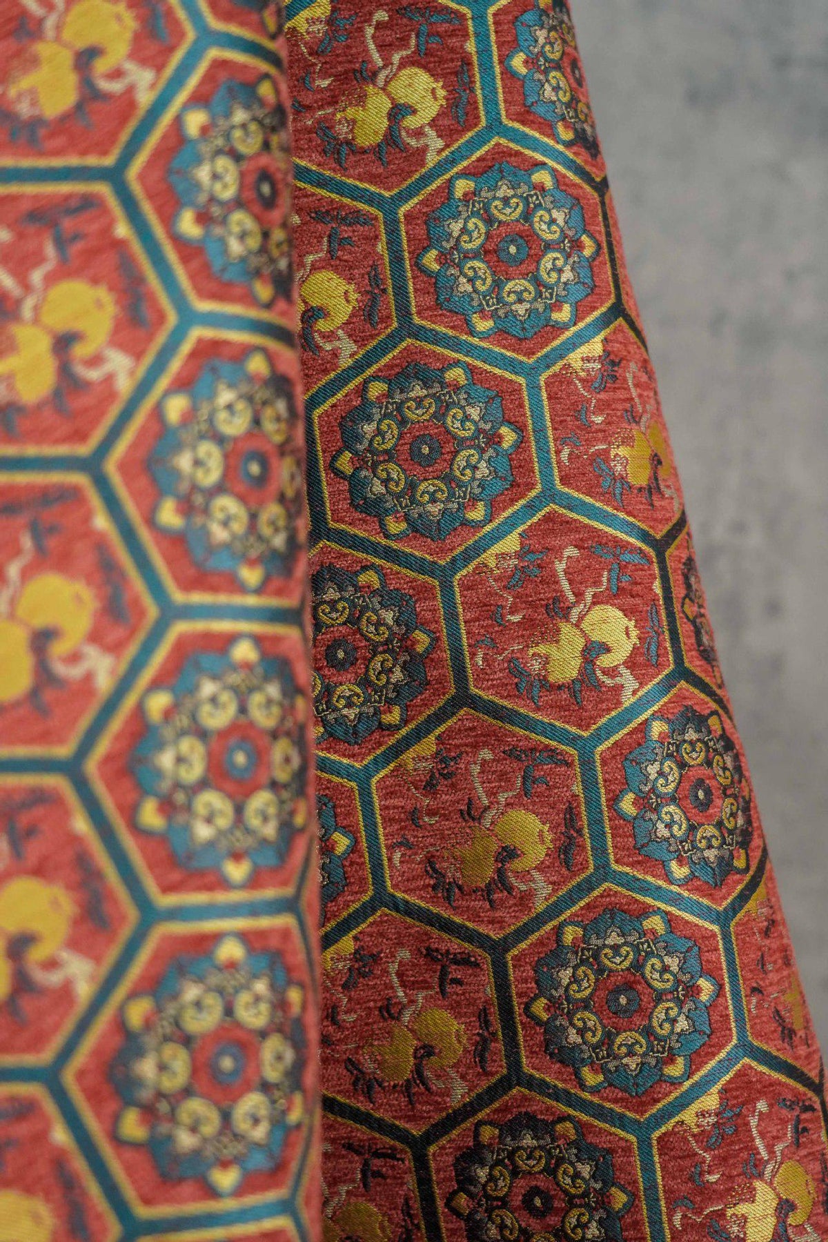 Vintage Chenille Jacquard Fabric, Hexagon Geometric Floral Brocade, Pomegranate Medallion Woven Fabric for Jackets, Coats, Bags, Decor, 65"