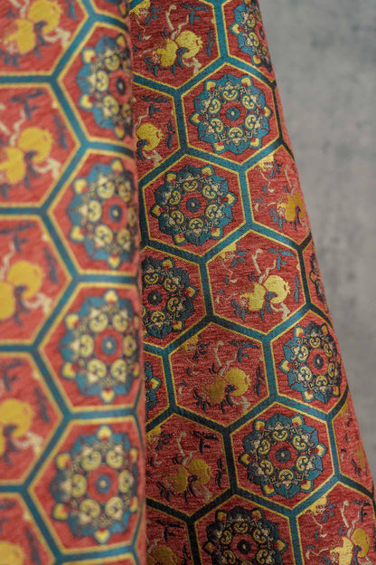 Vintage Chenille Jacquard Fabric, Hexagon Geometric Floral Brocade, Pomegranate Medallion Woven Fabric for Jackets, Coats, Bags, Decor, 65"