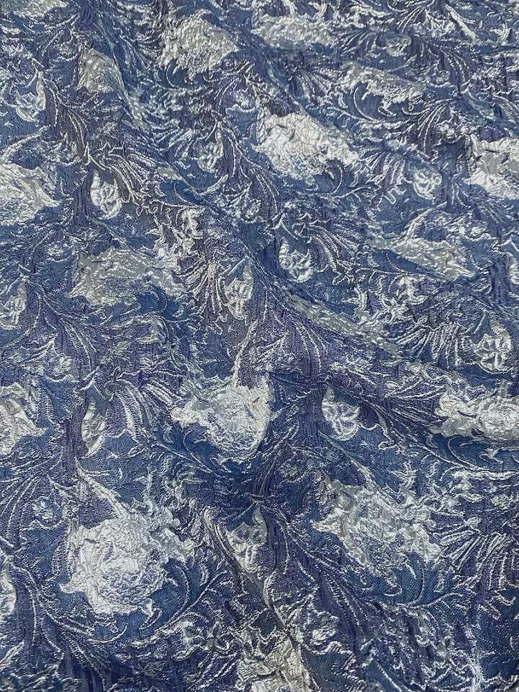 Blue Metallic Jacquard Fabric, 3D Raised Floral Brocade, Shimmering Bubble Texture for Evening Gowns, Dresses and Couture Sewing, 53"
