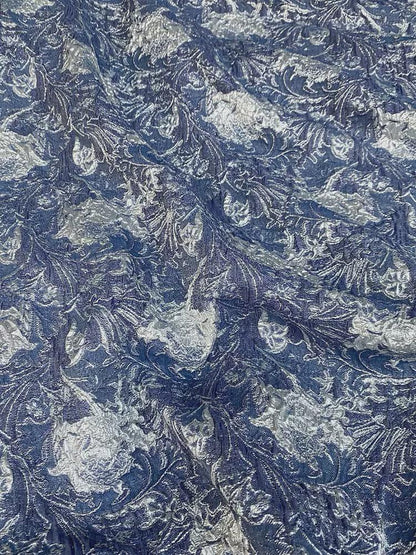 Blue Metallic Jacquard Fabric, 3D Raised Floral Brocade, Shimmering Bubble Texture for Evening Gowns, Dresses and Couture Sewing, 53"