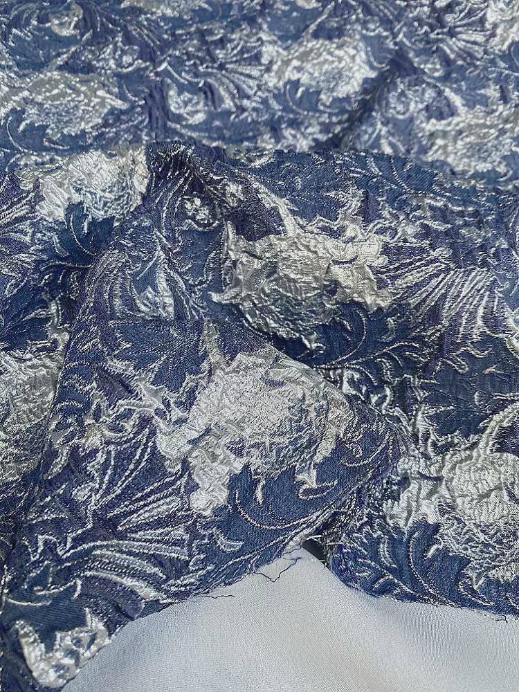 Blue Metallic Jacquard Fabric, 3D Raised Floral Brocade, Shimmering Bubble Texture for Evening Gowns, Dresses and Couture Sewing, 53"