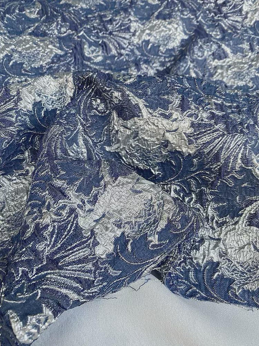 Blue Metallic Jacquard Fabric, 3D Raised Floral Brocade, Shimmering Bubble Texture for Evening Gowns, Dresses and Couture Sewing, 53" - Poppylollipop