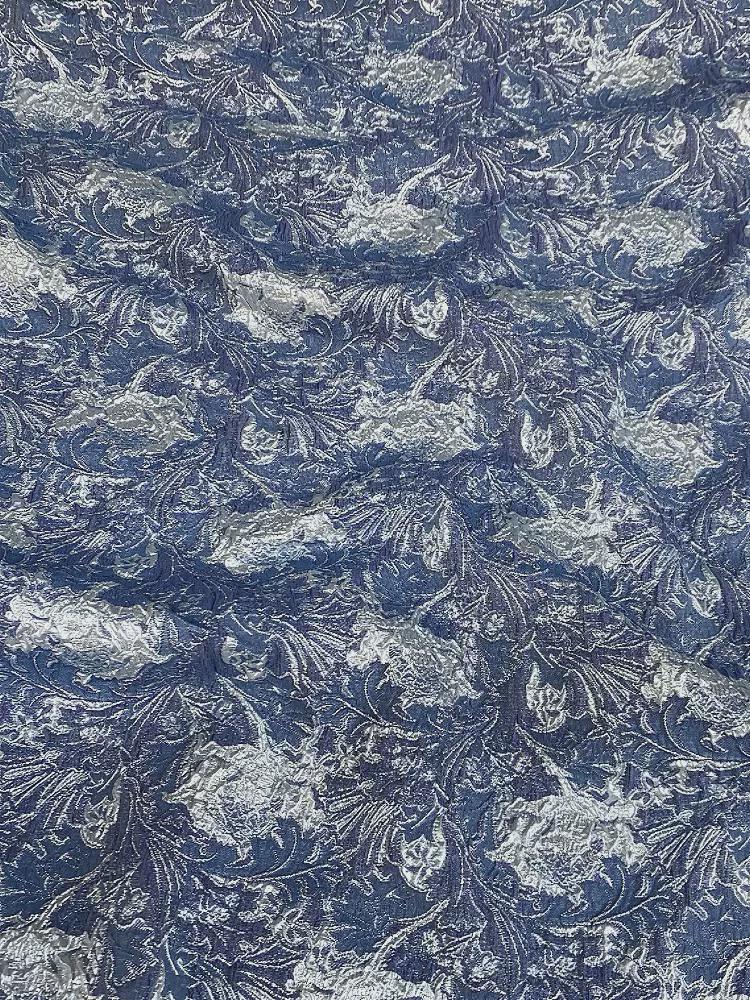 Blue Metallic Jacquard Fabric, 3D Raised Floral Brocade, Shimmering Bubble Texture for Evening Gowns, Dresses and Couture Sewing, 53"