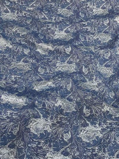 Blue Metallic Jacquard Fabric, 3D Raised Floral Brocade, Shimmering Bubble Texture for Evening Gowns, Dresses and Couture Sewing, 53"