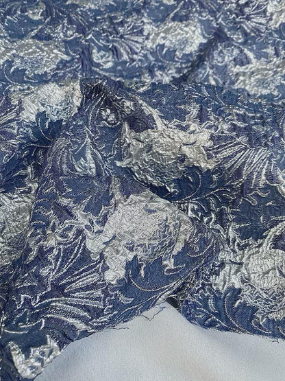 Blue Metallic Jacquard Fabric, 3D Raised Floral Brocade, Shimmering Bubble Texture for Evening Gowns, Dresses and Couture Sewing, 53"