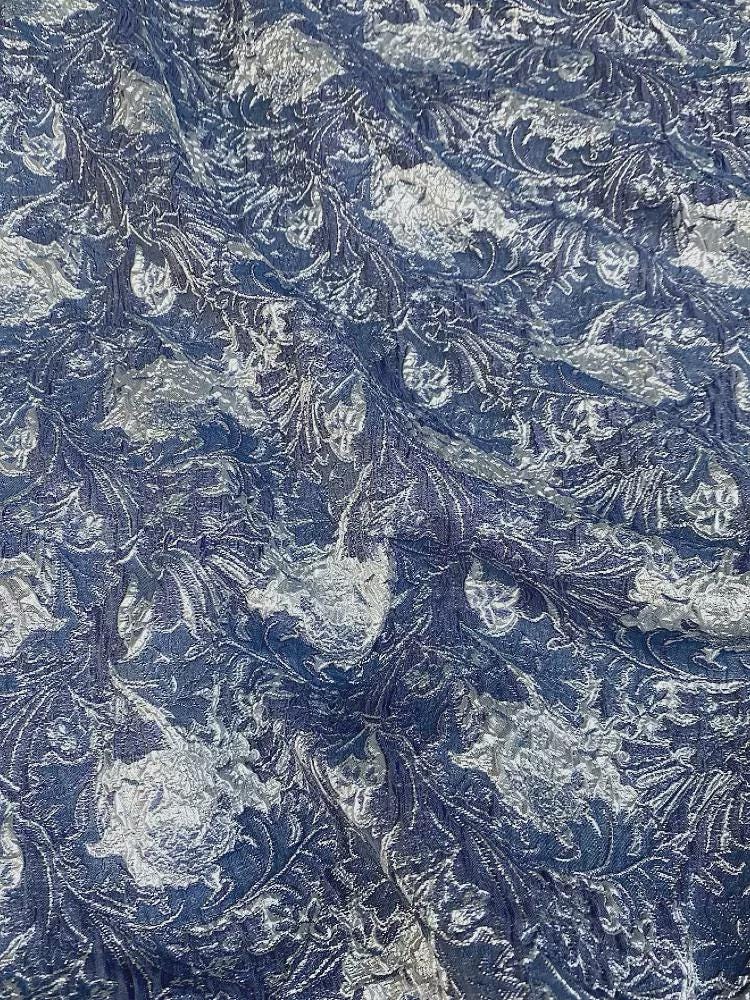 Blue Metallic Jacquard Fabric, 3D Raised Floral Brocade, Shimmering Bubble Texture for Evening Gowns, Dresses and Couture Sewing, 53"