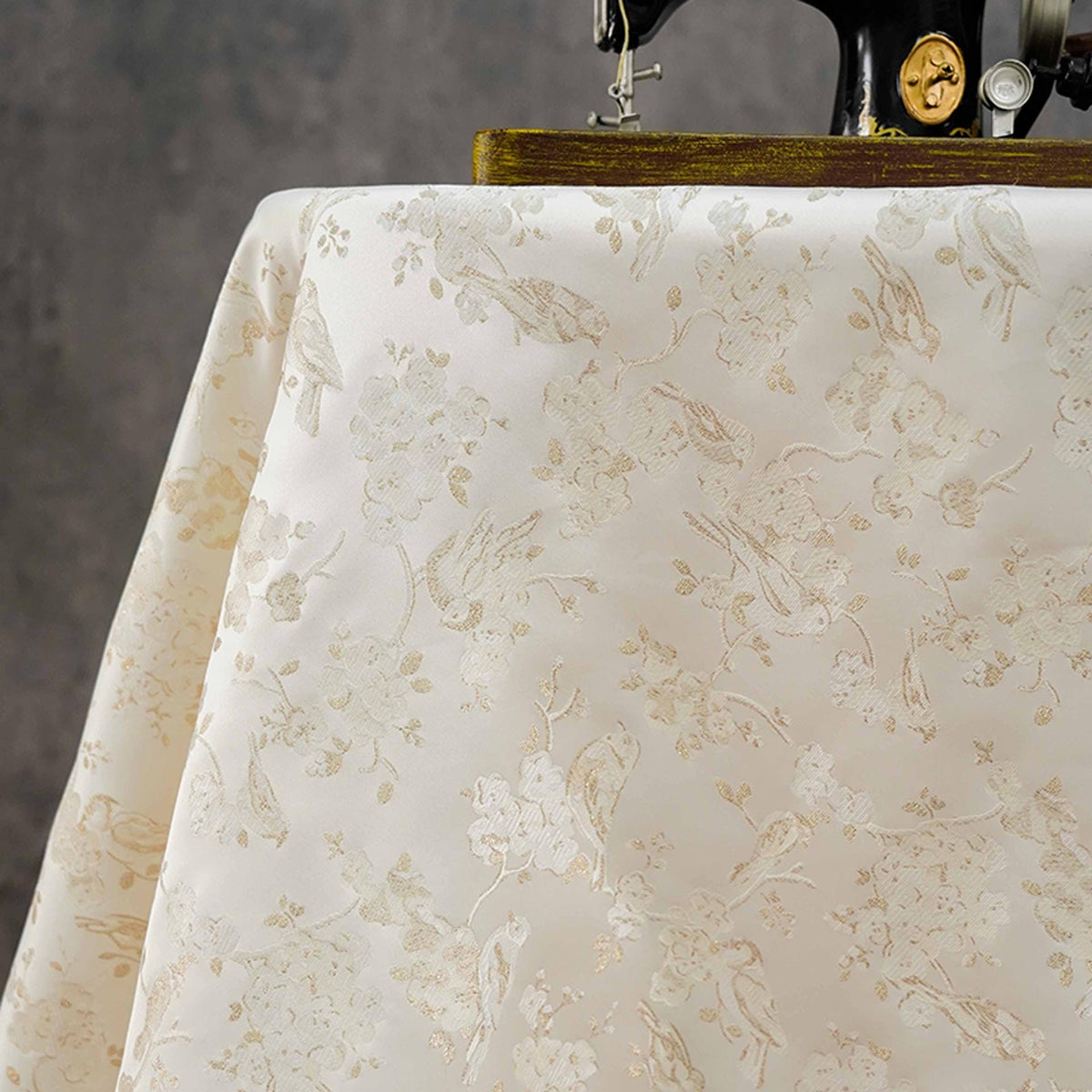 Ivory Gold Floral Bird Jacquard Fabric, Metallic Thread Brocade with Blossom and Vine Pattern for Cheongsam, Dresses, Jackets and Crafts, 59