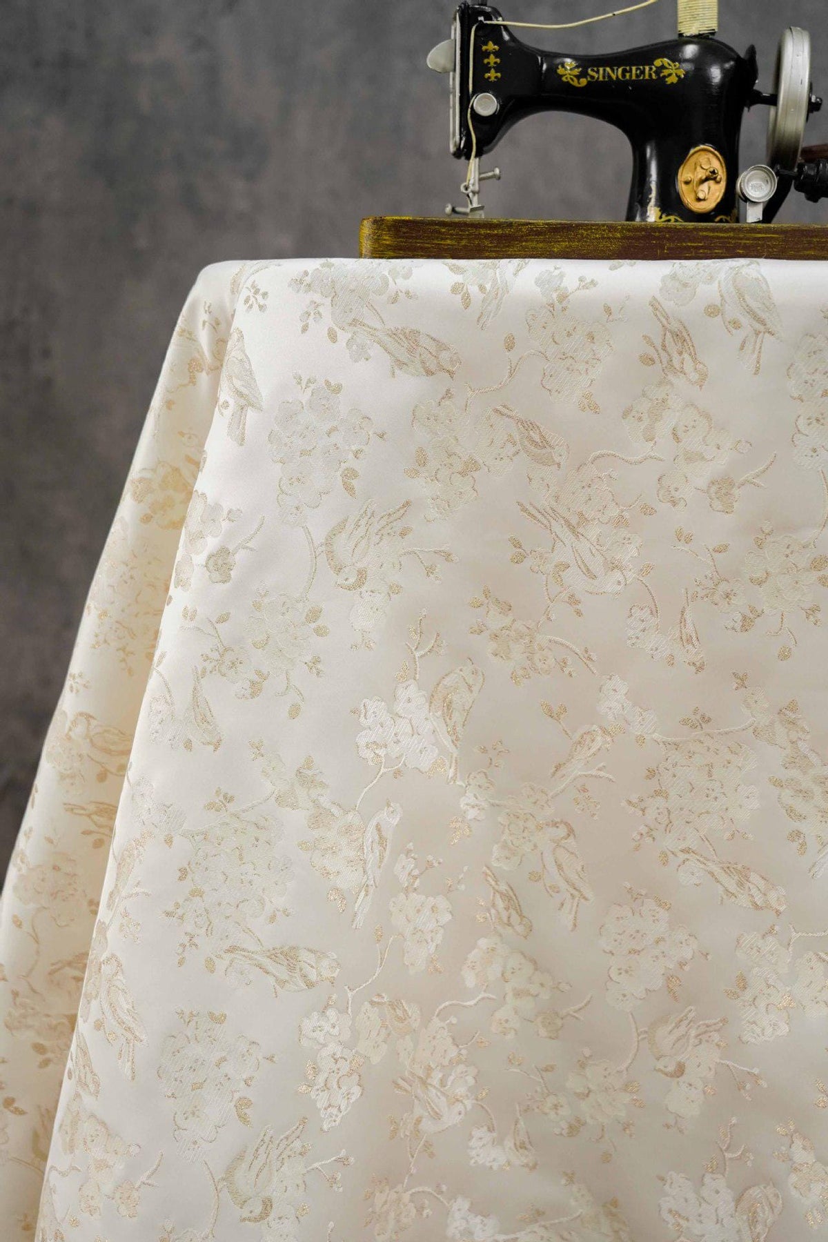 Ivory Gold Floral Bird Jacquard Fabric, Metallic Thread Brocade with Blossom and Vine Pattern for Cheongsam, Dresses, Jackets and Crafts, 59