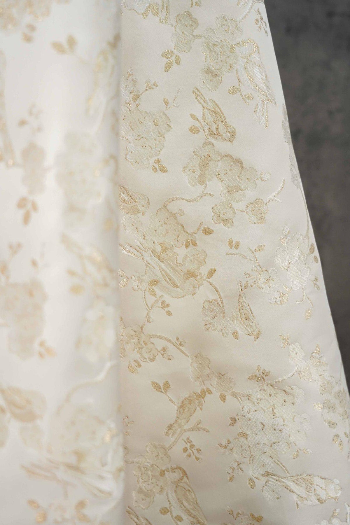 Ivory Gold Floral Bird Jacquard Fabric, Metallic Thread Brocade with Blossom and Vine Pattern for Cheongsam, Dresses, Jackets and Crafts, 59