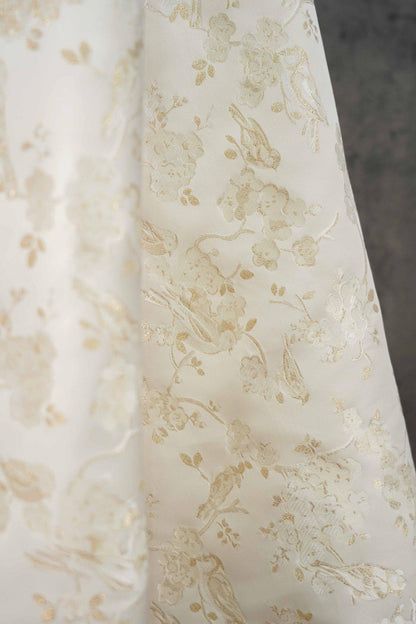 Ivory Gold Floral Bird Jacquard Fabric, Metallic Thread Brocade with Blossom and Vine Pattern for Cheongsam, Dresses, Jackets and Crafts, 59