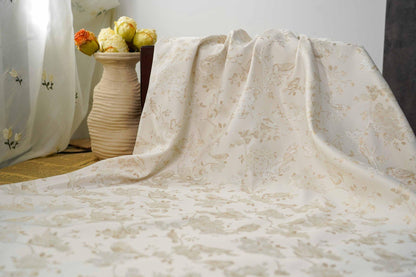 Ivory Gold Floral Bird Jacquard Fabric, Metallic Thread Brocade with Blossom and Vine Pattern for Cheongsam, Dresses, Jackets and Crafts, 59