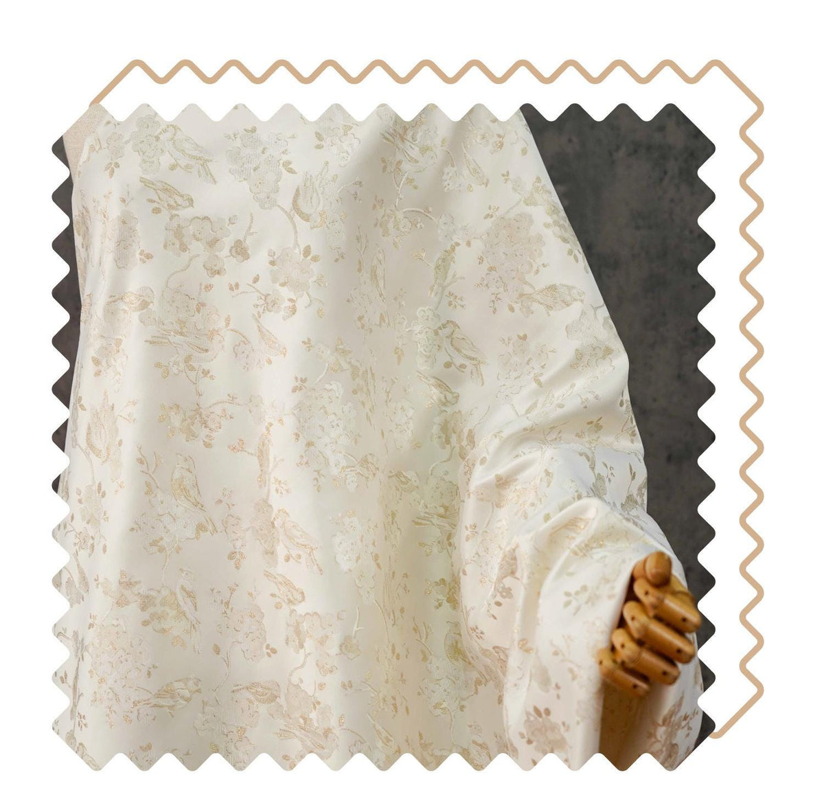 Ivory Gold Floral Bird Jacquard Fabric, Metallic Thread Brocade with Blossom and Vine Pattern for Cheongsam, Dresses, Jackets and Crafts, 59
