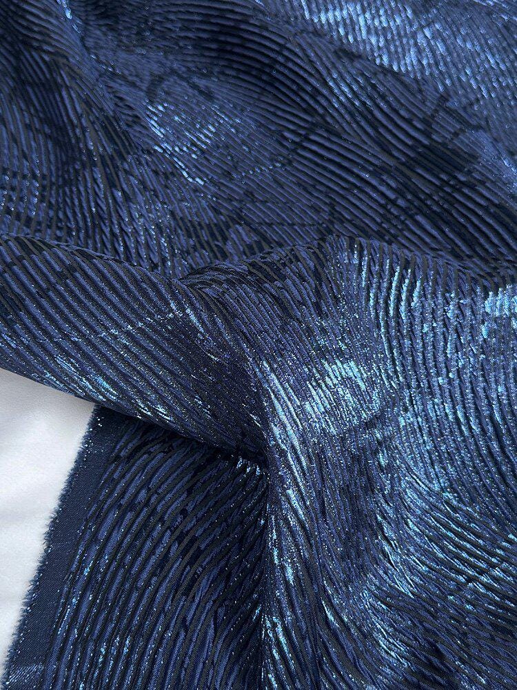 Navy Blue Metallic Jacquard Fabric, 3D Textured Wave Pattern Stretch Brocade for Evening Gowns, Runway Dresses and Skirts, 55“