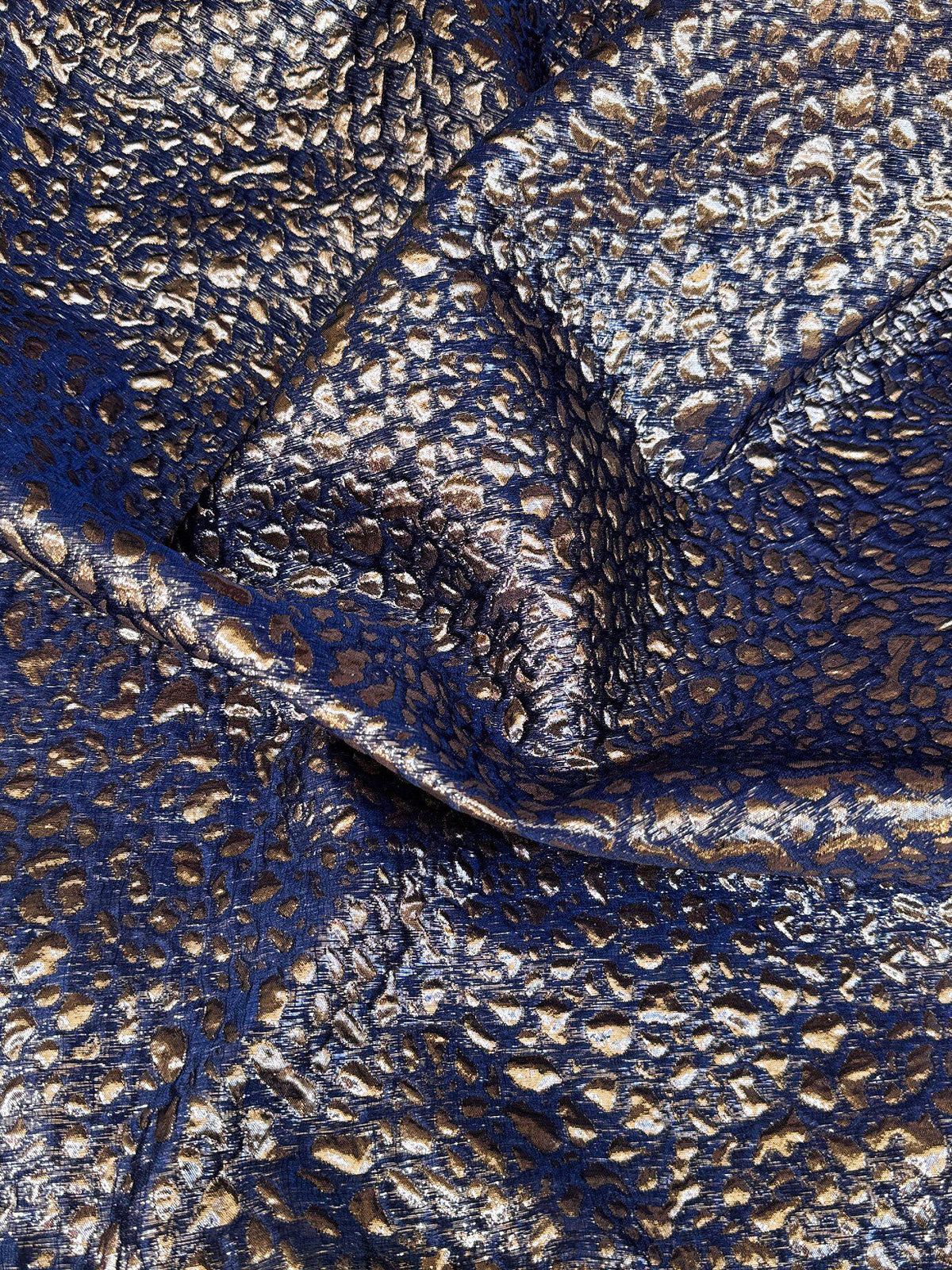Navy Blue Gold Leopard Print Metallic Jacquard Fabric, 3D Textured Double Layer Brocade for Dresses, Coats, Evening Gowns and Runway Fashion