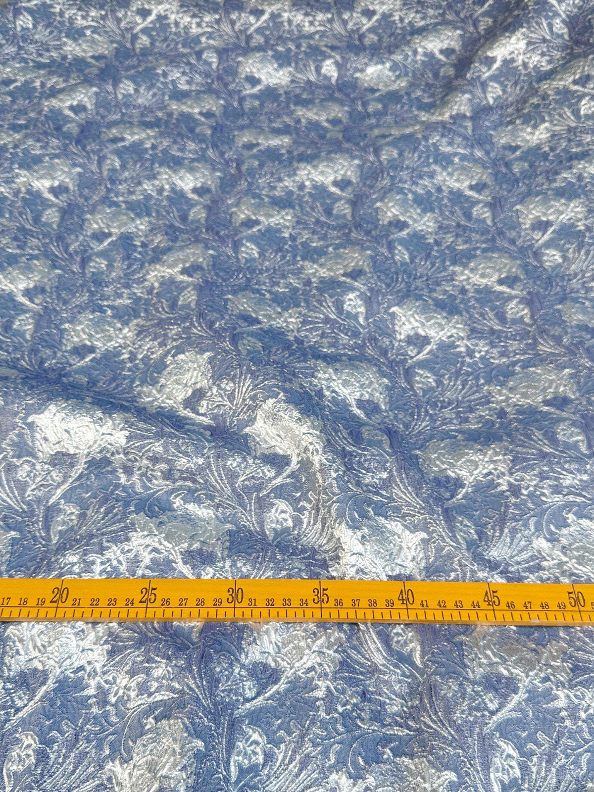 Dusty Blue Silver Floral Jacquard Fabric, Metallic Thread Embossed Brocade for Evening Gowns, Hanfu, Dresses and Runway Fashion, 53"Wide