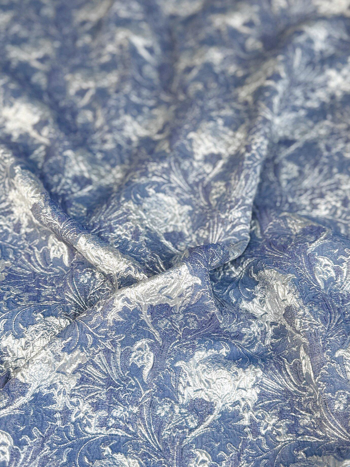Dusty Blue Silver Floral Jacquard Fabric, Metallic Thread Embossed Brocade for Evening Gowns, Hanfu, Dresses and Runway Fashion, 53"Wide