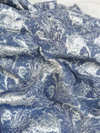 Dusty Blue Silver Floral Jacquard Fabric, Metallic Thread Embossed Brocade for Evening Gowns, Hanfu, Dresses and Runway Fashion, 53"Wide