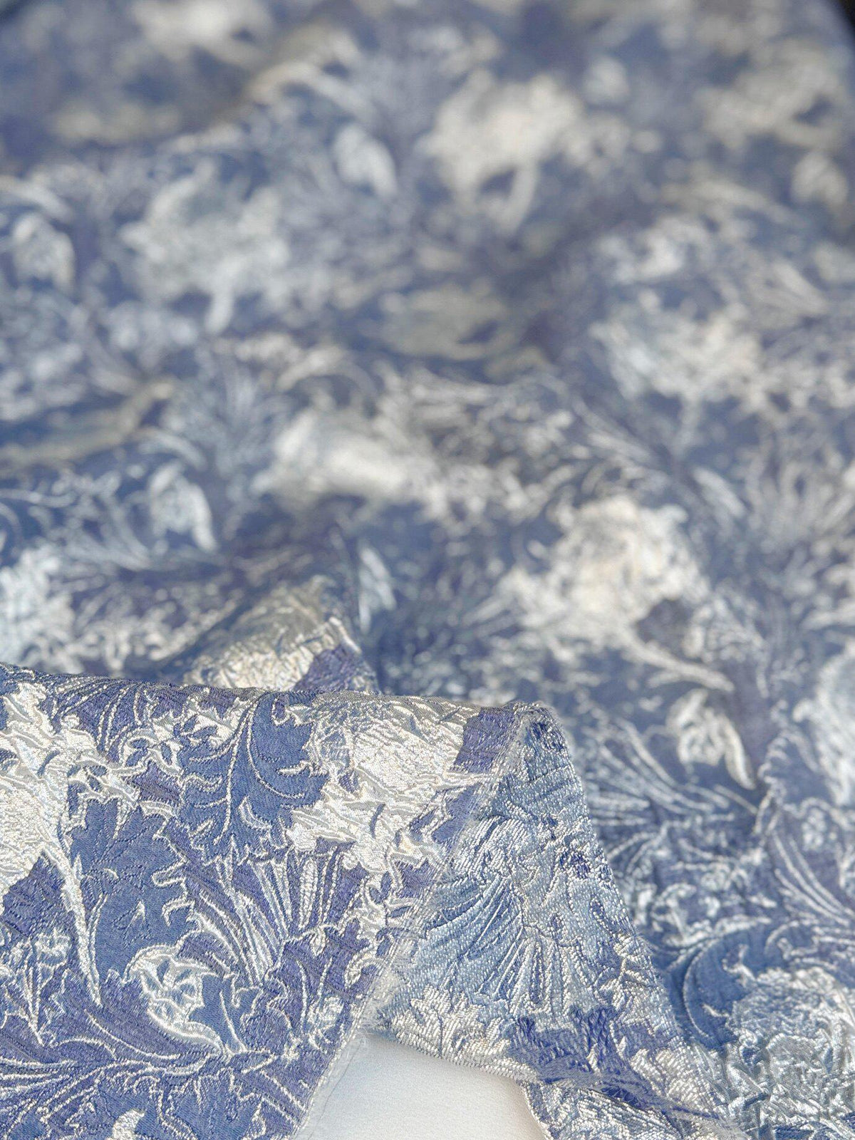 Dusty Blue Silver Floral Jacquard Fabric, Metallic Thread Embossed Brocade for Evening Gowns, Hanfu, Dresses and Runway Fashion, 53"Wide