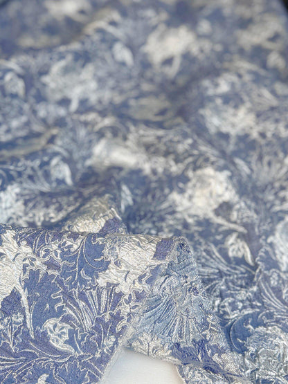 Dusty Blue Silver Floral Jacquard Fabric, Metallic Thread Embossed Brocade for Evening Gowns, Hanfu, Dresses and Runway Fashion, 53"Wide