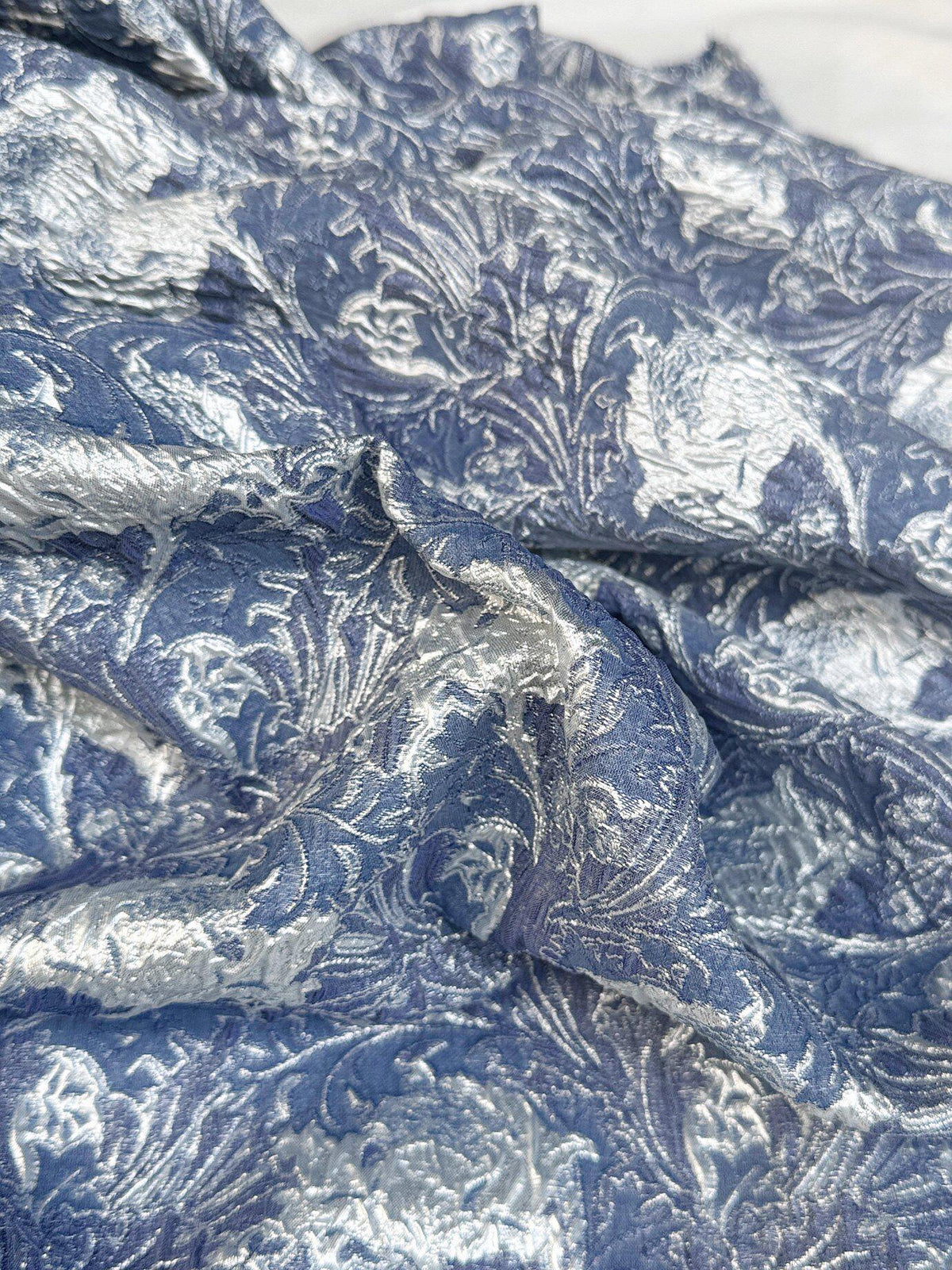 Dusty Blue Silver Floral Jacquard Fabric, Metallic Thread Embossed Brocade for Evening Gowns, Hanfu, Dresses and Runway Fashion, 53"Wide