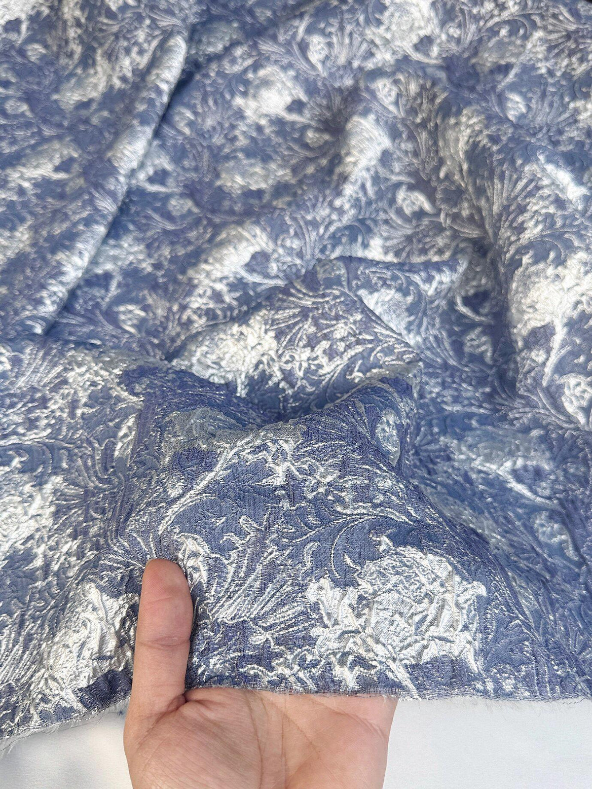 Dusty Blue Silver Floral Jacquard Fabric, Metallic Thread Embossed Brocade for Evening Gowns, Hanfu, Dresses and Runway Fashion, 53"Wide