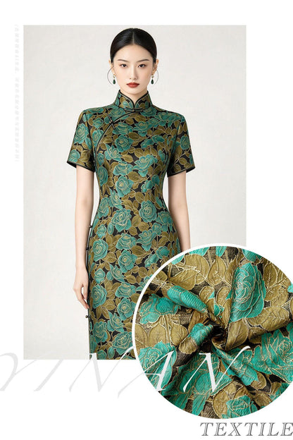 Turquoise Rose Jacquard Fabric, 3D Raised Floral Brocade with Gold Thread, Vintage Baroque Fabric for Dresses, Jackets and Home Decor, 55"W