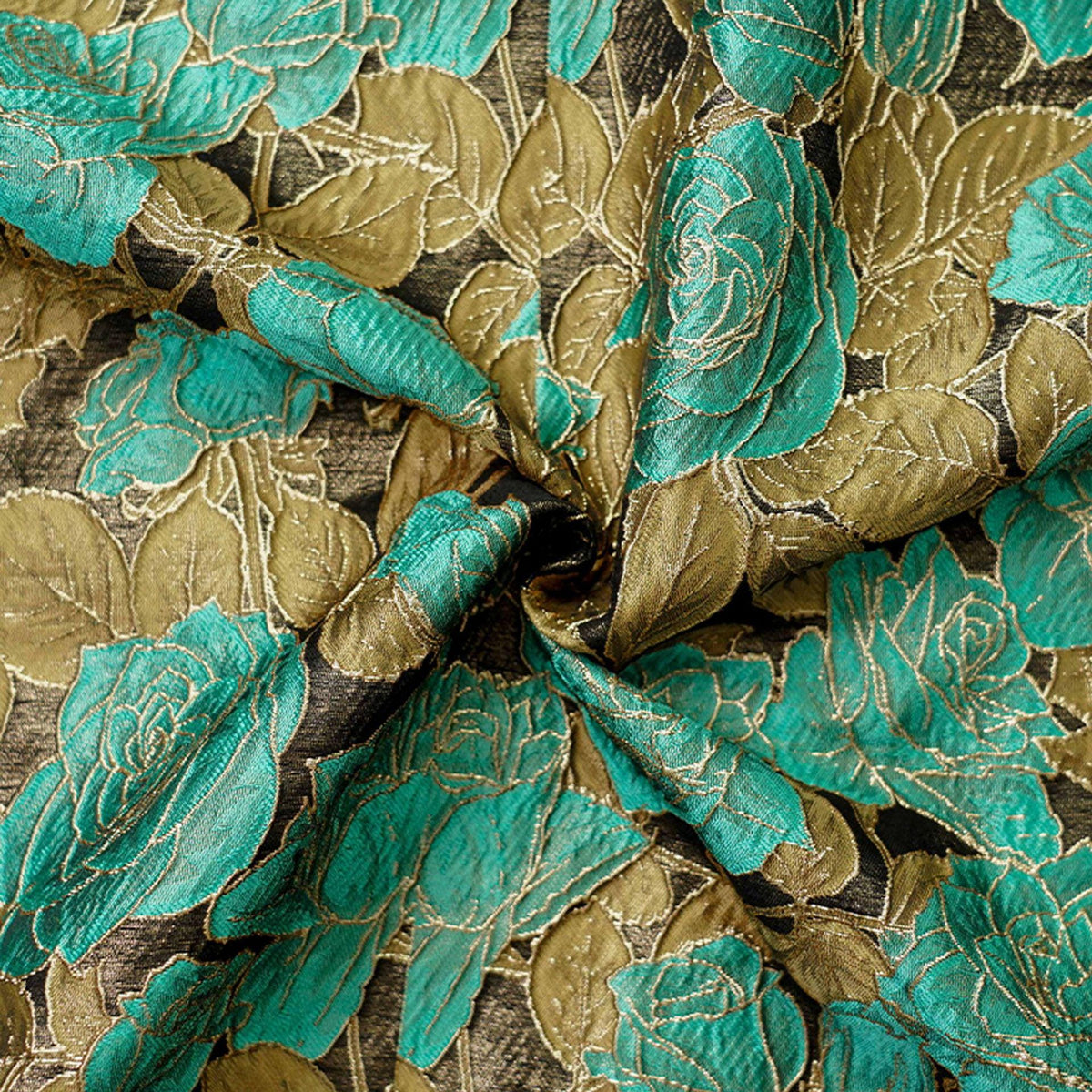 Turquoise Rose Jacquard Fabric, 3D Raised Floral Brocade with Gold Thread, Vintage Baroque Fabric for Dresses, Jackets and Home Decor, 55"W