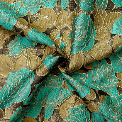 Turquoise Rose Jacquard Fabric, 3D Raised Floral Brocade with Gold Thread, Vintage Baroque Fabric for Dresses, Jackets and Home Decor, 55"W