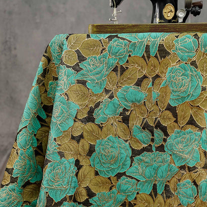 Turquoise Rose Jacquard Fabric, 3D Raised Floral Brocade with Gold Thread, Vintage Baroque Fabric for Dresses, Jackets and Home Decor, 55"W