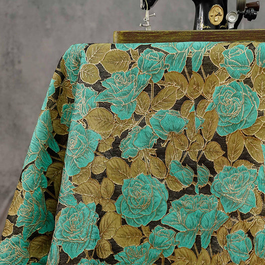 Turquoise Rose Jacquard Fabric, 3D Raised Floral Brocade with Gold Thread, Vintage Baroque Fabric for Dresses, Jackets and Home Decor, 55"W - Poppylollipop