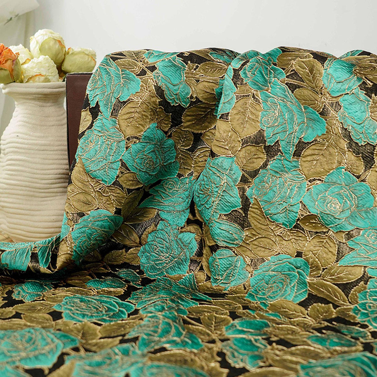 Turquoise Rose Jacquard Fabric, 3D Raised Floral Brocade with Gold Thread, Vintage Baroque Fabric for Dresses, Jackets and Home Decor, 55"W