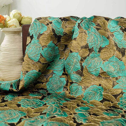 Turquoise Rose Jacquard Fabric, 3D Raised Floral Brocade with Gold Thread, Vintage Baroque Fabric for Dresses, Jackets and Home Decor, 55"W