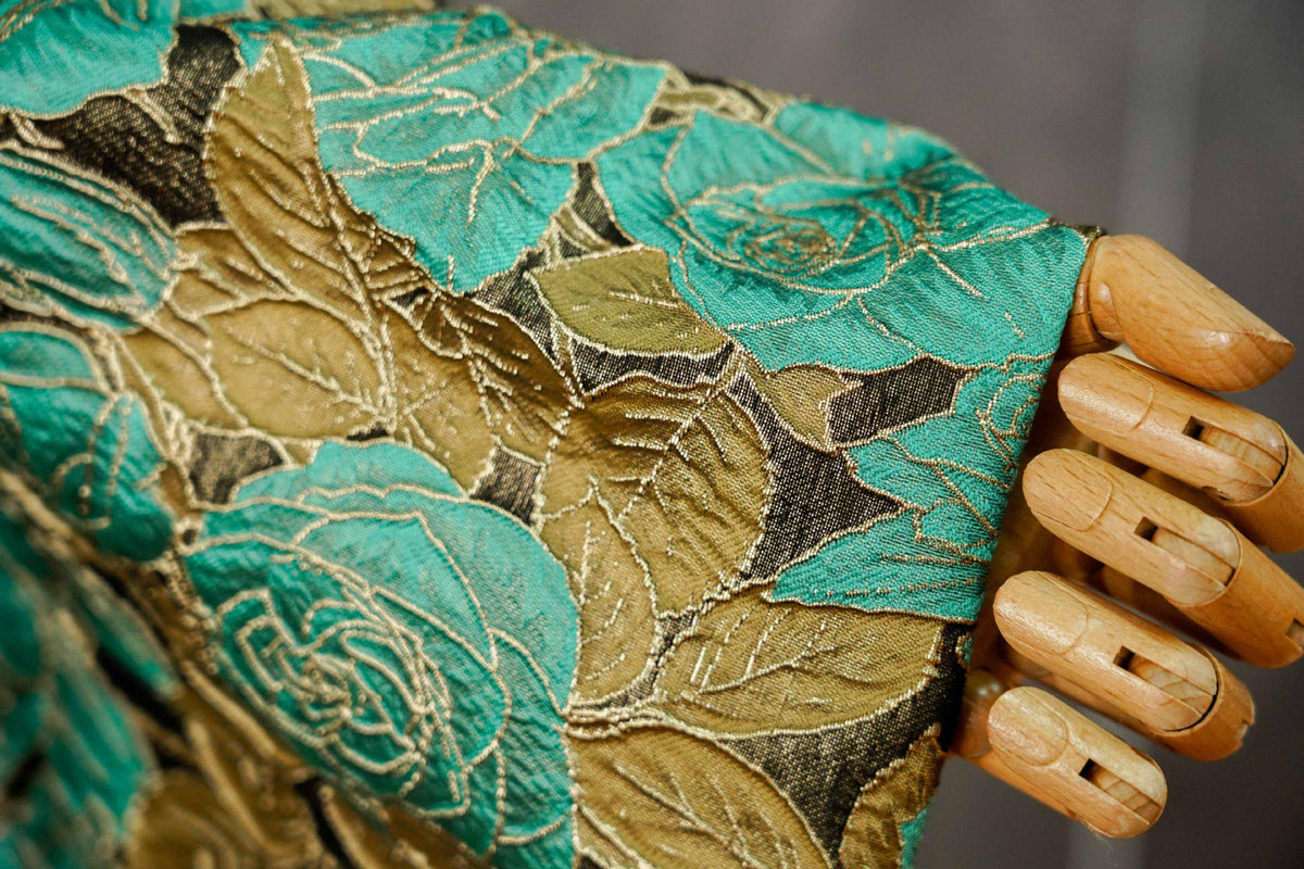 Turquoise Rose Jacquard Fabric, 3D Raised Floral Brocade with Gold Thread, Vintage Baroque Fabric for Dresses, Jackets and Home Decor, 55"W
